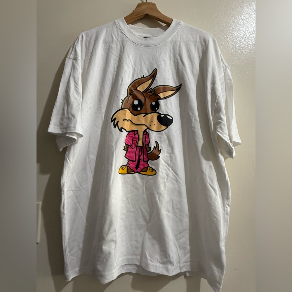 drew house White Tee with Cartoon Dog in Pink Outfit